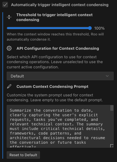 Settings for Intelligent Context Condensing