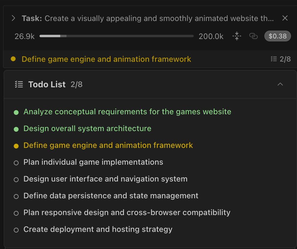 Task Todo List overview showing interactive checklist in Roo Code